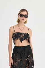 Luna Crop Top by Solaqua Studio, noir cotton lace crop top with scalloped edges and delicate straps. Perfect for elegant evening sets.