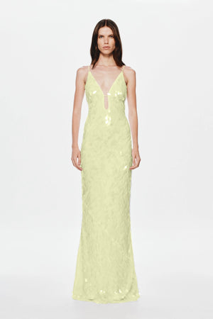Sapphire Sequin Maxi Dress by Misha, a lemon gown with plunging neckline and shimmering sequins perfect for standout evening moments.
