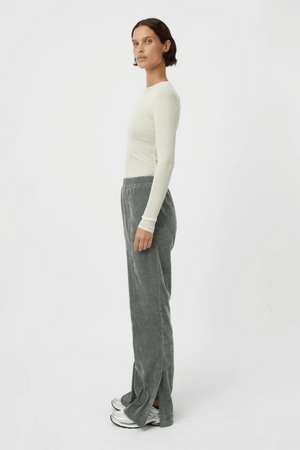 Aneta Velour Track Pant Agave by Camilla and Marc, luxe pintuck velour with side splits, perfect for stylish lounging or weekend errands.