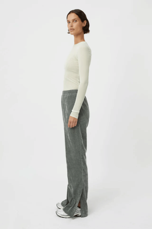 Aneta Velour Track Pant Agave by Camilla and Marc, luxe pintuck velour with side splits, perfect for stylish lounging or weekend errands.