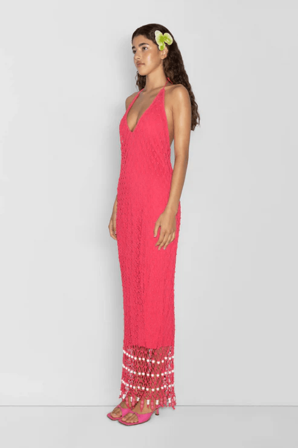Reis Macrame Maxi Dress Candy by The Wolf Gang – Handmade cotton macrame with bold beaded hem, perfect for festivals and beachside glamour.
