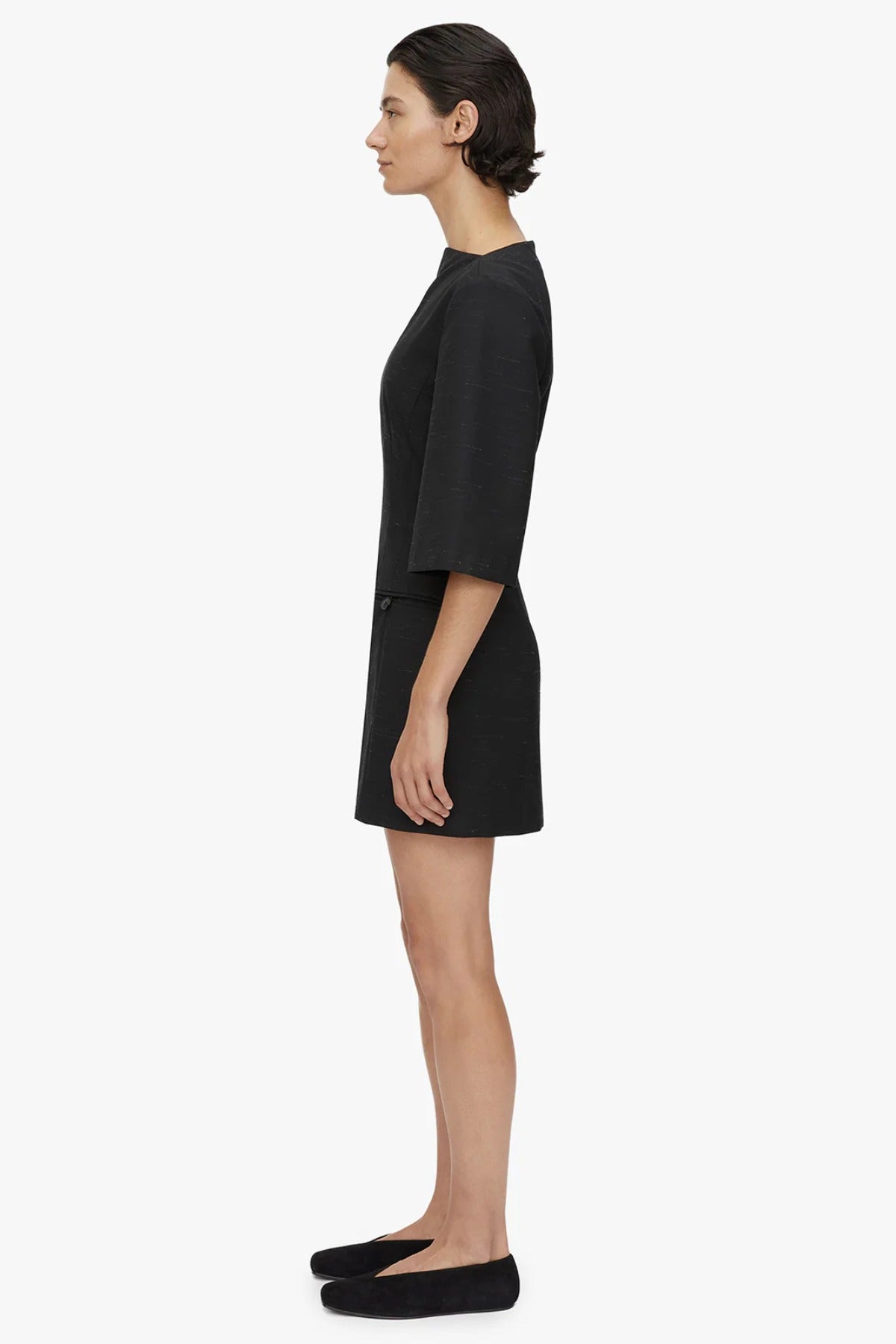 Aya Mini Dress by Camilla and Marc in black, mini tailored silhouette with bell sleeves and subtle button detailing.