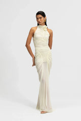 Opal Dress Basalto by Maygel Coronel, ruched halter maxi dress with sculptural open back detailing