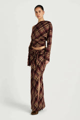 Ramona Maxi Skirt Plum Check by Benni, tartan maxi skirt with leg split, perfect for elevated evening styling