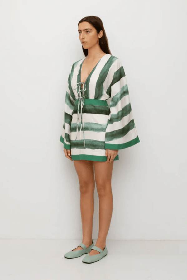 Havana Mini Dress by The Wolf Gang – A trendy mini with bold print, kimono bell sleeves, and contrast bindings, perfect for effortless day-to-night style.