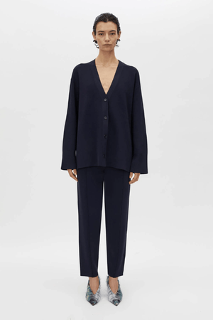 Lyndon Knit Pant Navy by Camilla and Marc, soft knit pant with slim leg, ribbed waistband with drawcords, and signature pin stitch detailing for a polished fit.