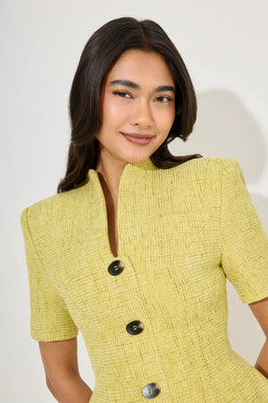 Cotton Mix Boucle Button Dress Chartreuse