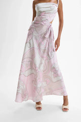 Sienna Wrap Skirt Deco Pink by Cin Cin, printed satin wrap skirt, perfect for resort escapes or summer dinners