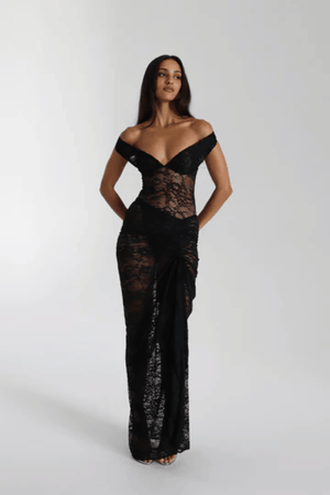 Aubrey Dress Black by Natalie Rolt – A striking lace two-piece with a ruched silhouette and cut-out detail, perfect for chic evening events.