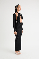 Victoria Maxi Dress Black by Pfeiffer – A sleek, versatile maxi with adjustable halter, removable shrug, and ruching, perfect for elegant, adaptable style.