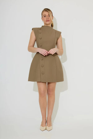 Sleeveless Button Detail Mini Dress by Odd Muse, tailored fit with signature cinch and button detail. Perfect for year-round occasions.