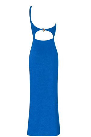 Arrecife Dress Noche Azul by Baobab – A trendy one-shoulder maxi with a heart neckline, bold cut-out, and side slit, perfect for elegant special occasions.