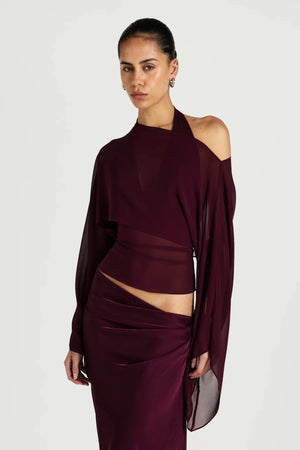 Ira Maxi Dress by Benni, halter mesh and satin maxi dress with chiffon shawl, perfect for evening events