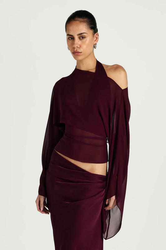 Ira Maxi Dress by Benni, halter mesh and satin maxi dress with chiffon shawl, perfect for evening events