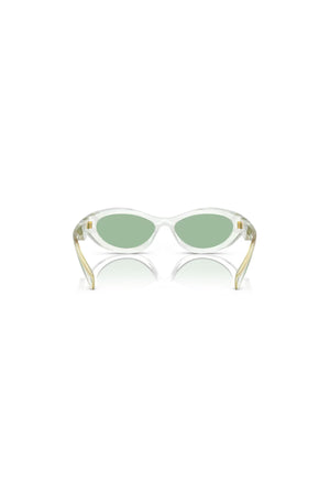 PR 26ZS Transparent Mint W/ Green by Prada, bold irregular acetate frames with green lenses and iconic logo, perfect for trendy, fashion-forward looks