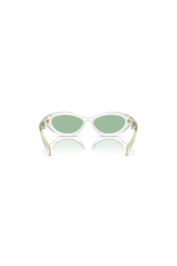 PR 26ZS Transparent Mint W/ Green by Prada, bold irregular acetate frames with green lenses and iconic logo, perfect for trendy, fashion-forward looks