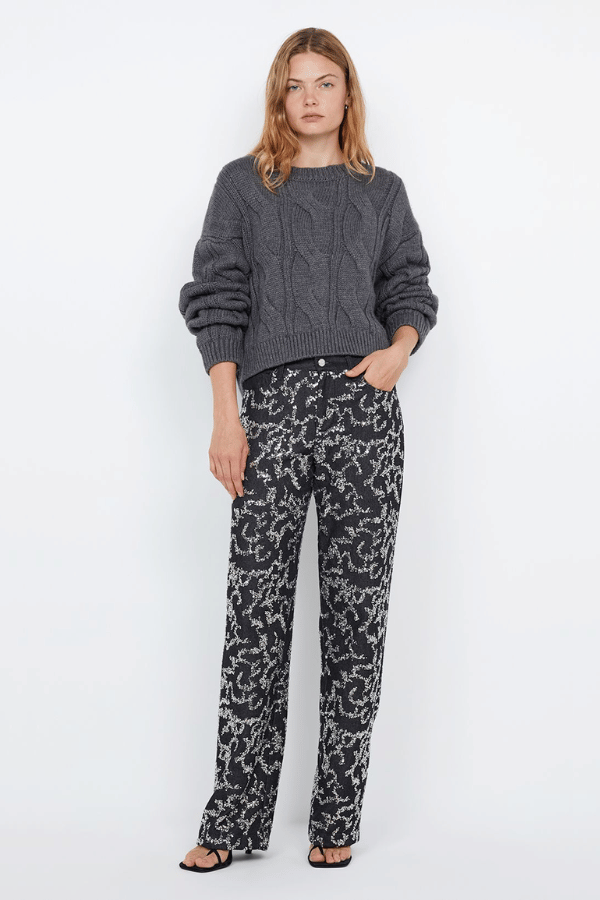 Kinsley Sequin Pant Charcoal Silver by Bec + Bridge, dazzling sequin denim with mid-waist fit, straight leg, and rolled hem, perfect for viral party looks.