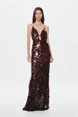 Sapphire Sequin Dress Fig by Misha — A shimmering maxi with plunging V-neck, slim fit, voluminous hem, and low-back design. Perfect for standout evenings.