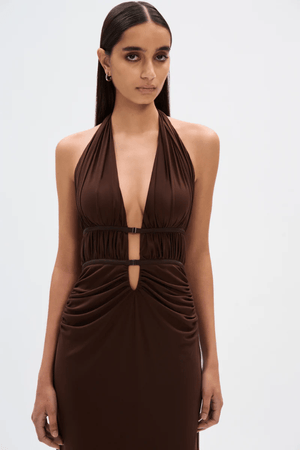 The Celine Mesh Dress Espresso by Misha – A chic midi dress with a mesh bodice, gunmetal clasp details, and figure-hugging silhouette, perfect for day-to-night events.