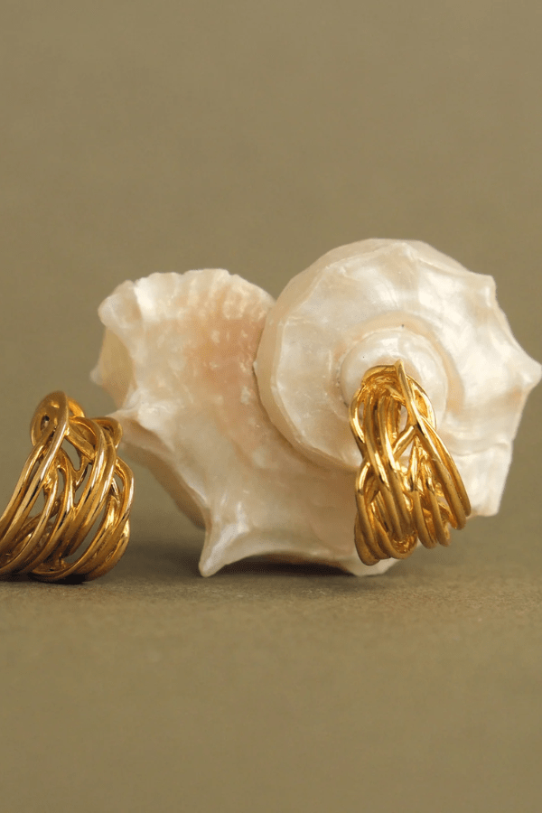 Mirlande Earrings Gold by Amber Sceats, classic woven hoop design with intricate texture, handcrafted in Italy for a timeless, trendy finish.