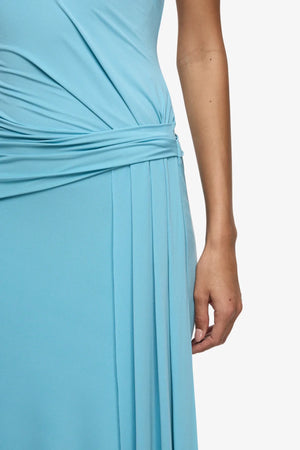 Remi Halter Dress Marine Blue by Bec + Bridge – halter maxi dress with wrap neckline and elegant open back detail.