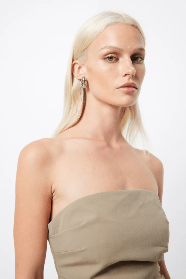 Alias Top Eucalyptus by Mossman, elegant strapless with ruched side detail and invisible back zip, perfect for trendy viral day-to-night and chic weekend styles.