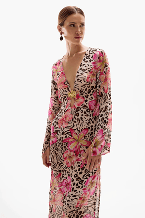 Hotline Orchid Maxi Dress Safaria by Cin Cin – Trendy and bold, this maxi features vibrant floral and animal prints, semi-sheer viscose, and a sultry keyhole bust. Perfect for beach-to-bar days and warm evenings.