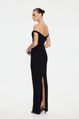 Hayward Gown Black by Effie Kats – An off-shoulder stretch-crepe gown with all-over ruching and a back split, perfect for black-tie events, red carpet moments, or evening galas.