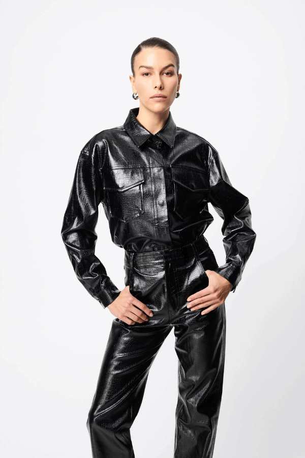 Salt Water Pant Croc by Mossman, high-rise faux croc leather trousers with a straight leg, jean-style pockets, and belt loops. Fierce yet practical for everyday wear.