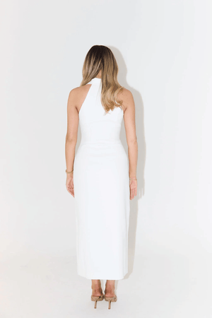 The Ultimate Muse Collar Maxi Dress White by Odd Muse – Sleeveless maxi with sharp collar, button front, darts, and slit.