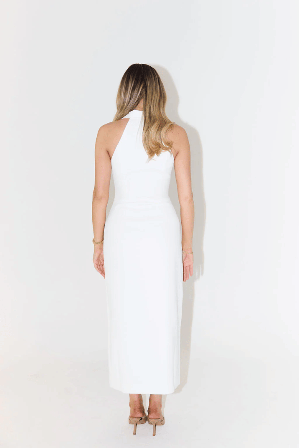 The Ultimate Muse Collar Maxi Dress White by Odd Muse – Sleeveless maxi with sharp collar, button front, darts, and slit.
