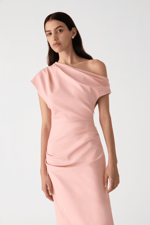 Gia Midi Dress Rose Quartz Pink by Misha – A structured sateen midi with asymmetric neckline and pleat detail, exuding refined modern glamour.