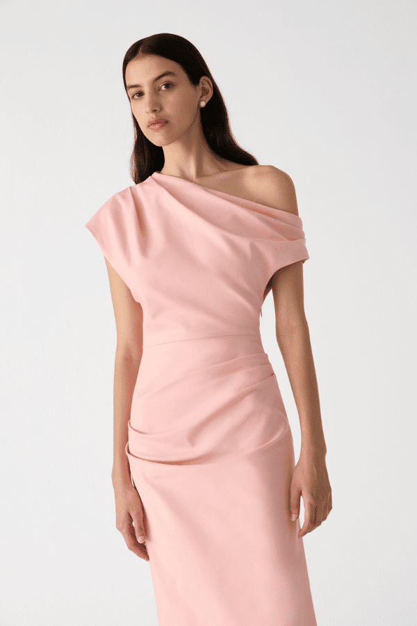 Gia Midi Dress Rose Quartz Pink by Misha – A structured sateen midi with asymmetric neckline and pleat detail, exuding refined modern glamour.