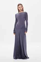 Blake Jersey Long Sleeve Dress Shark by MISHA – a maxi with open back and draped sash. Perfect for sleek evening styling.
