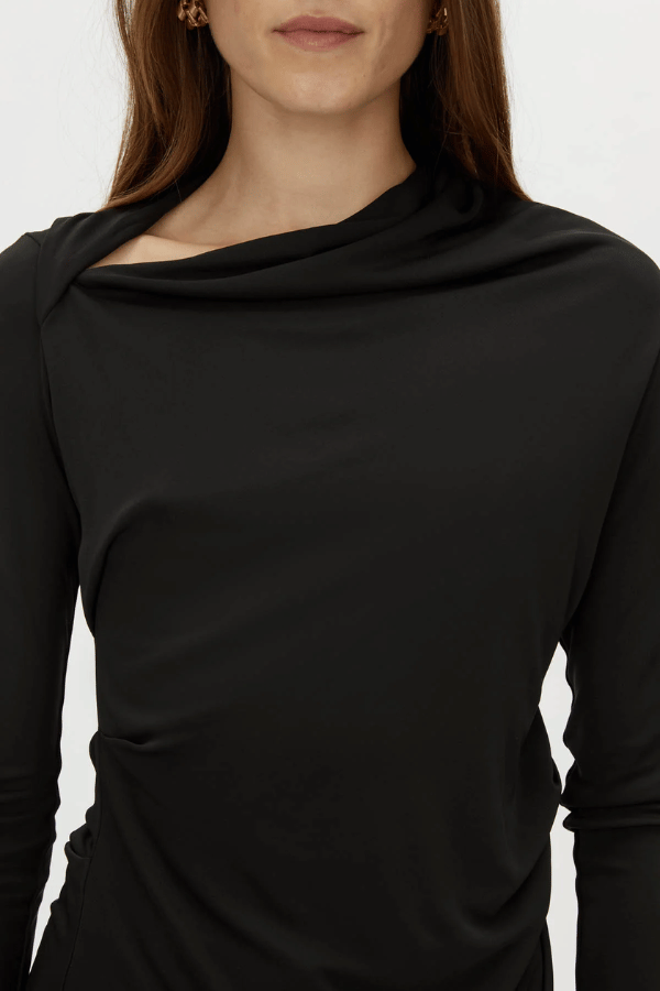 Mai Long Sleeve Top Black by Camilla and Marc – asymmetric twisted neckline with side tucks and sleek lining, perfect for elegant nights or polished day looks.
