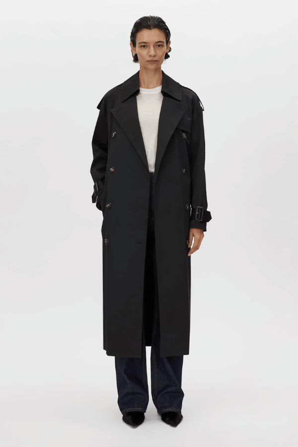 Evans Trench Coat Black by Camilla and Marc – oversized double-breasted trench with storm flaps and belt, perfect for chic layering across seasons.