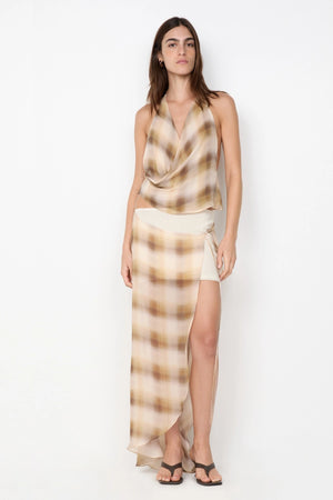 Eliana Midi Skirt by Bec and Bridge — a layered check-print midi with a mini base and side slit, perfect for polished day-to-night styling.