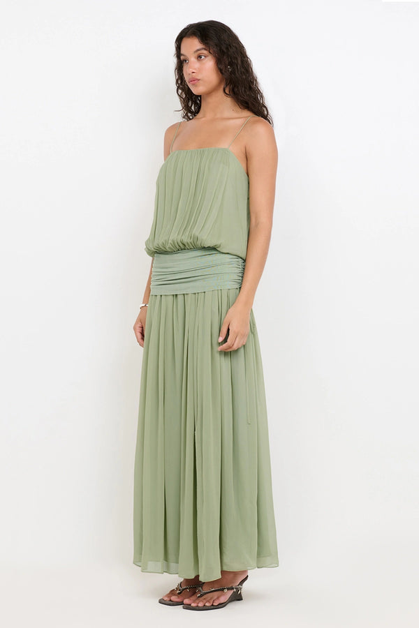 Camille Blouson Dress by Bec + Bridge — pistachio georgette maxi dress with gathered neckline, mesh waist panel and front split.
