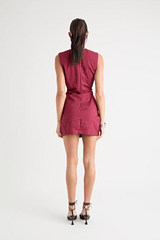 Salma Mini Dress New Wine by Pfeiffer – A flirty, chic mini with a flattering V-neck, signature hip tucks, and seamless invisible back zip, perfect for any occasion.