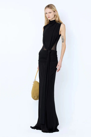 Cassis Knot Maxi Dress by Bec and Bridge in black, featuring a high gathered neckline, sheer midsection, and knotted side detail. Perfect for events.
