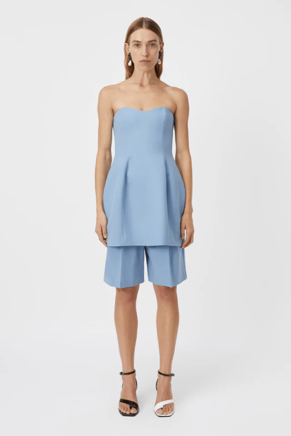 Atlantis Mini Dress Cornflower Blue by Camilla and Marc – A trendy strapless wool mini dress with tailored fit and hip shaping, perfect for sophisticated events.