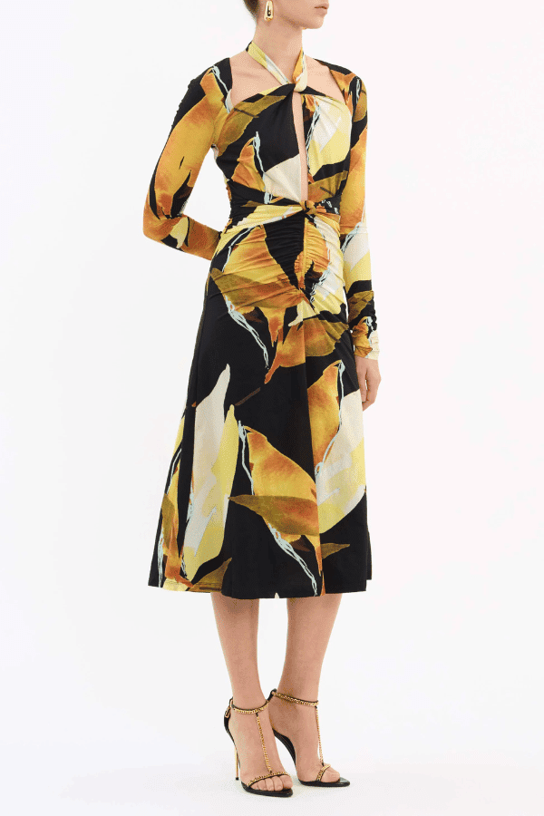 Petals Of Paradise Long Sleeve Midi Dress Print by Rebecca Vallance – Printed jersey, tie neck, gathered waist, front