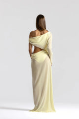 Imogen Dress Lemon by Natalie Rolt, sheer georgette dress with off shoulder draping and asymmetrical waist detail.
