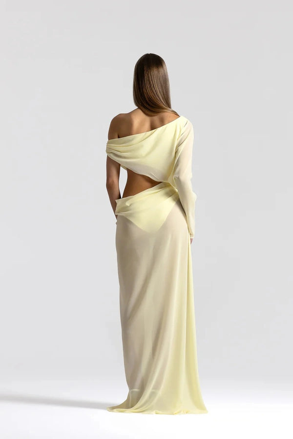Imogen Dress Lemon by Natalie Rolt, sheer georgette dress with off shoulder draping and asymmetrical waist detail.