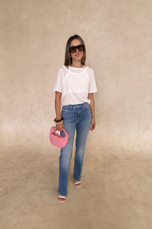 Layered Tee in White by Sneaky Link, 100% cotton with a relaxed fit and layered neckline detail. Perfect for elevated casual dressing.
