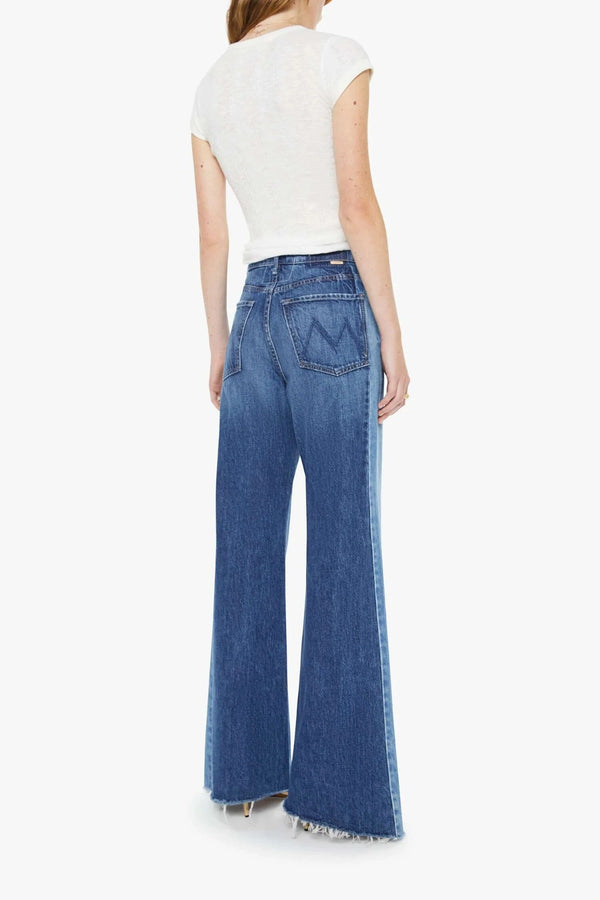 The Tux Sidestepper Sneak Fray Double Take by Mother, wide leg rigid jeans with frayed hem, perfect for edgy everyday styling