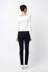 Camden Top Off White by Mossman, soft double-layered ribbed jersey with boat neckline and thumb sleeves, perfect for trendy layering and chic day-to-night looks.