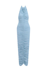 Axis Dress by Maygel Coronel, ruched halter maxi dress with 3D floral details and dramatic low back.