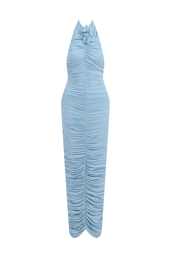 Axis Dress by Maygel Coronel, ruched halter maxi dress with 3D floral details and dramatic low back.