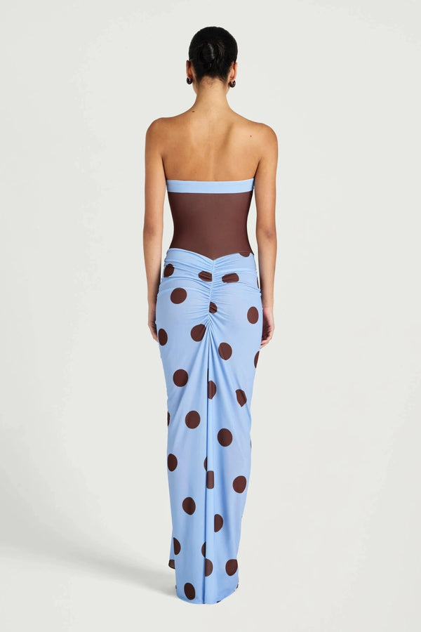 Benni strapless maxi dress with cascading hem and cut out detail, perfect for evening or event styling